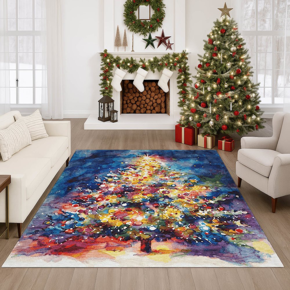 Luxury Washable Indoor/Outdoor Merry & Bright Navy 5' x 7'6" Rug. Picture 6