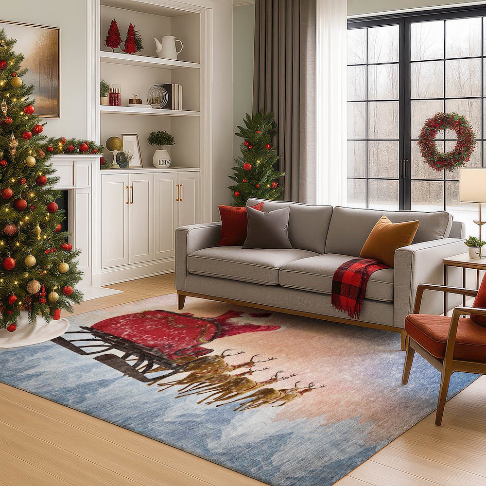 Luxury Washable Indoor/Outdoor Merry & Bright Twilight 5' x 7'6" Rug. Picture 6