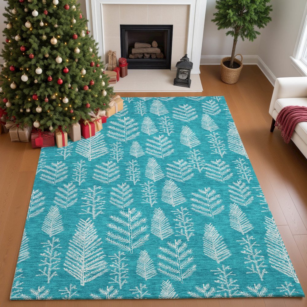 Luxury Washable Indoor/Outdoor Merry & Bright Teal 5' x 7'6" Rug. Picture 5