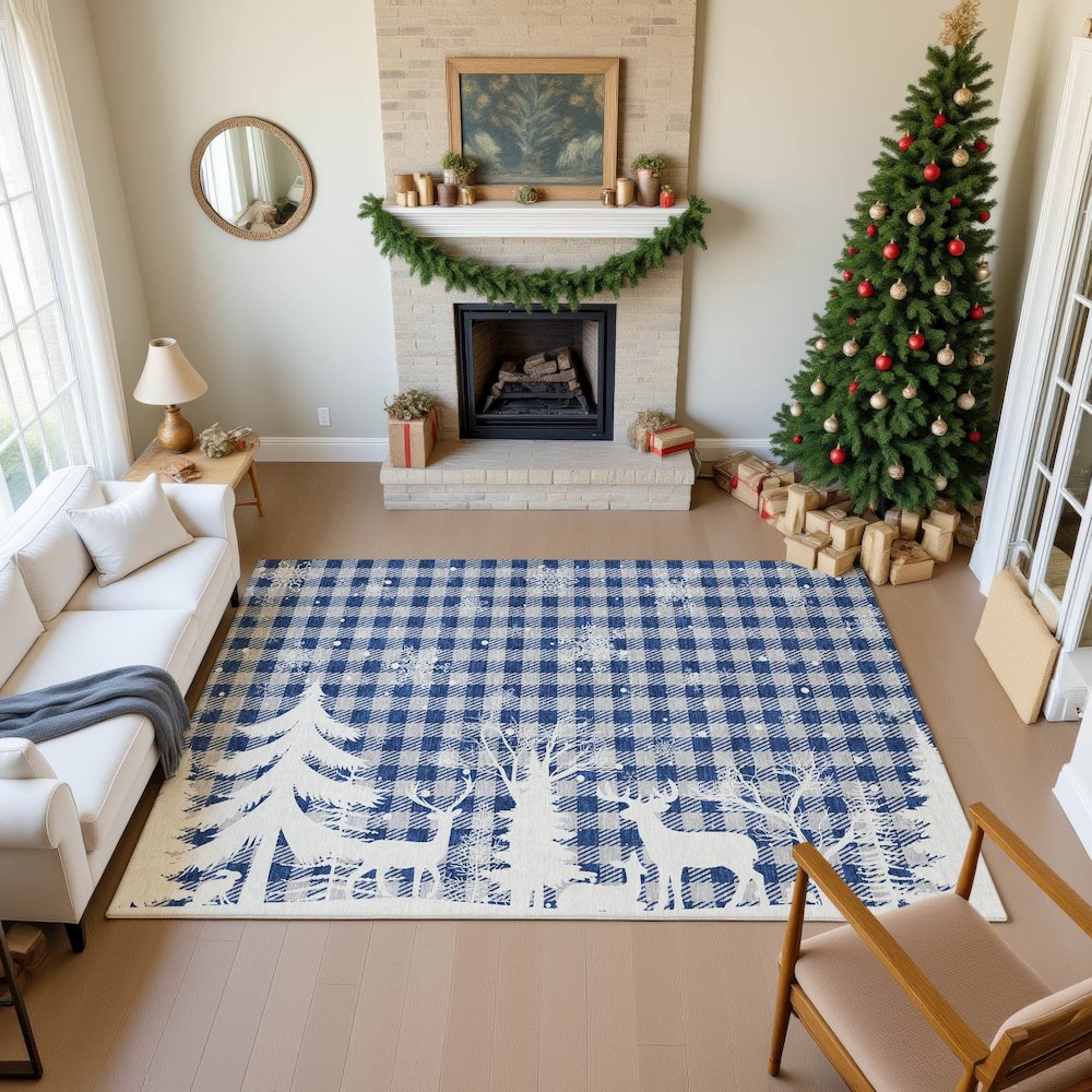Luxury Washable Indoor/Outdoor Merry & Bright Blue 5' x 7'6" Rug. Picture 5