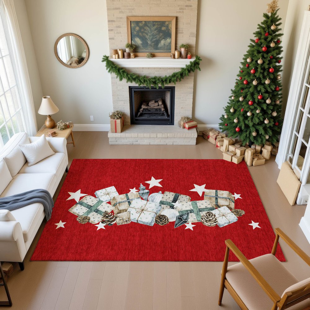 Luxury Washable Indoor/Outdoor Merry & Bright Red 5' x 7'6" Rug. Picture 5
