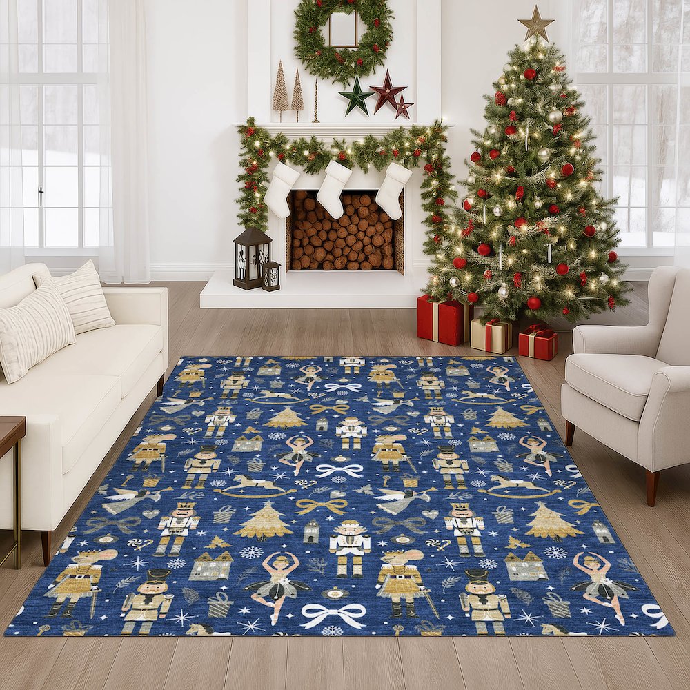 Luxury Washable Indoor/Outdoor Merry & Bright Navy 5' x 7'6" Rug. Picture 6