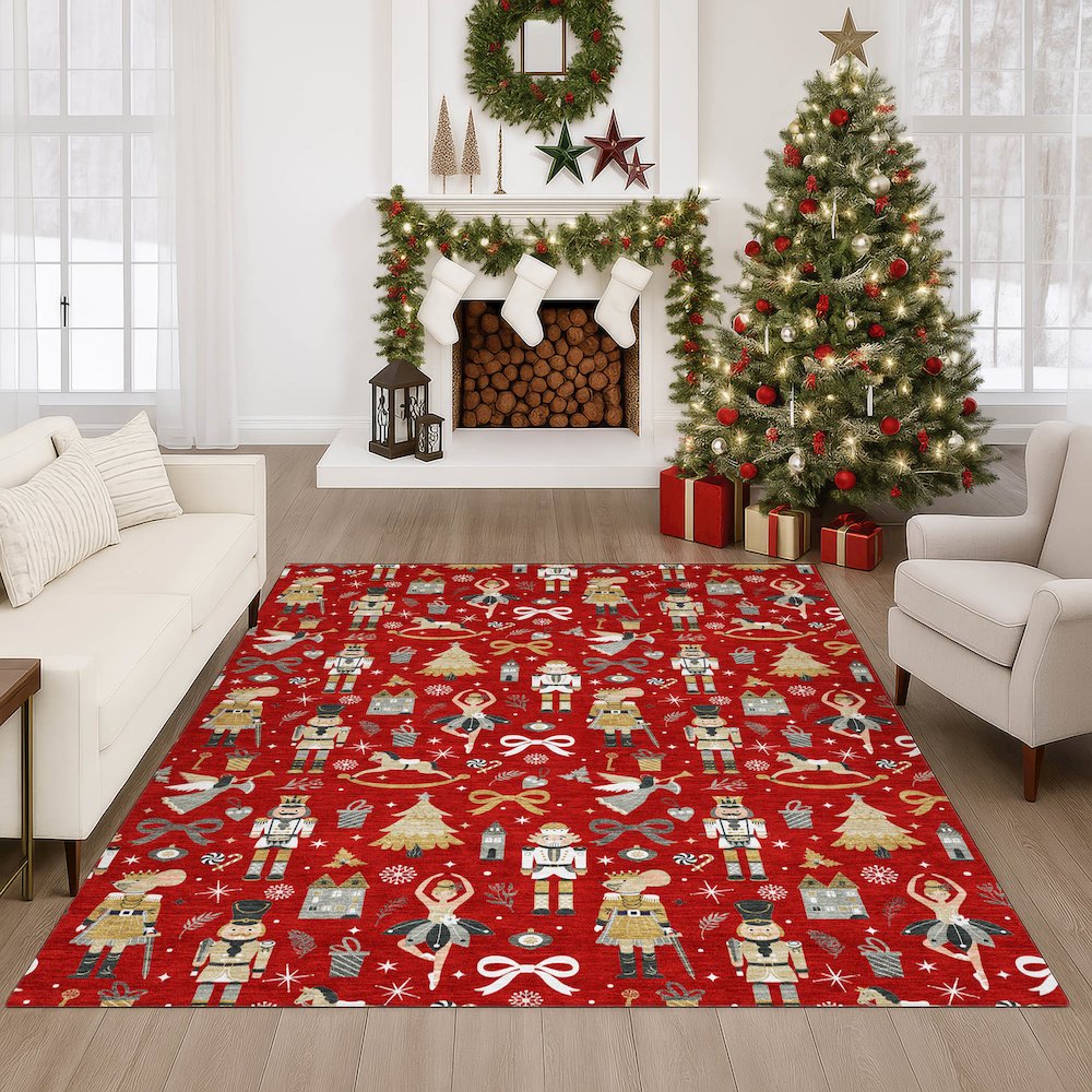 Luxury Washable Indoor/Outdoor Merry & Bright Red 5' x 7'6" Rug. Picture 6
