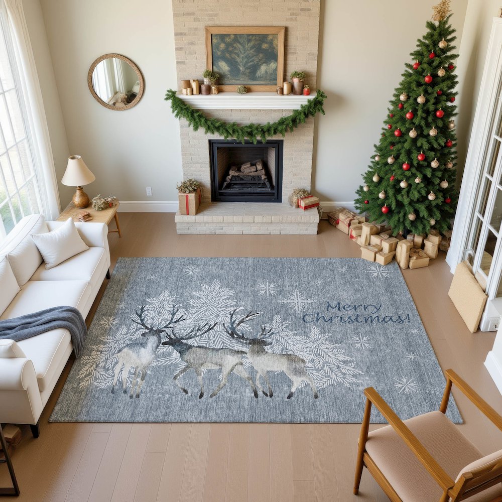 Luxury Washable Indoor/Outdoor Merry & Bright Gray 5' x 7'6" Rug. Picture 5