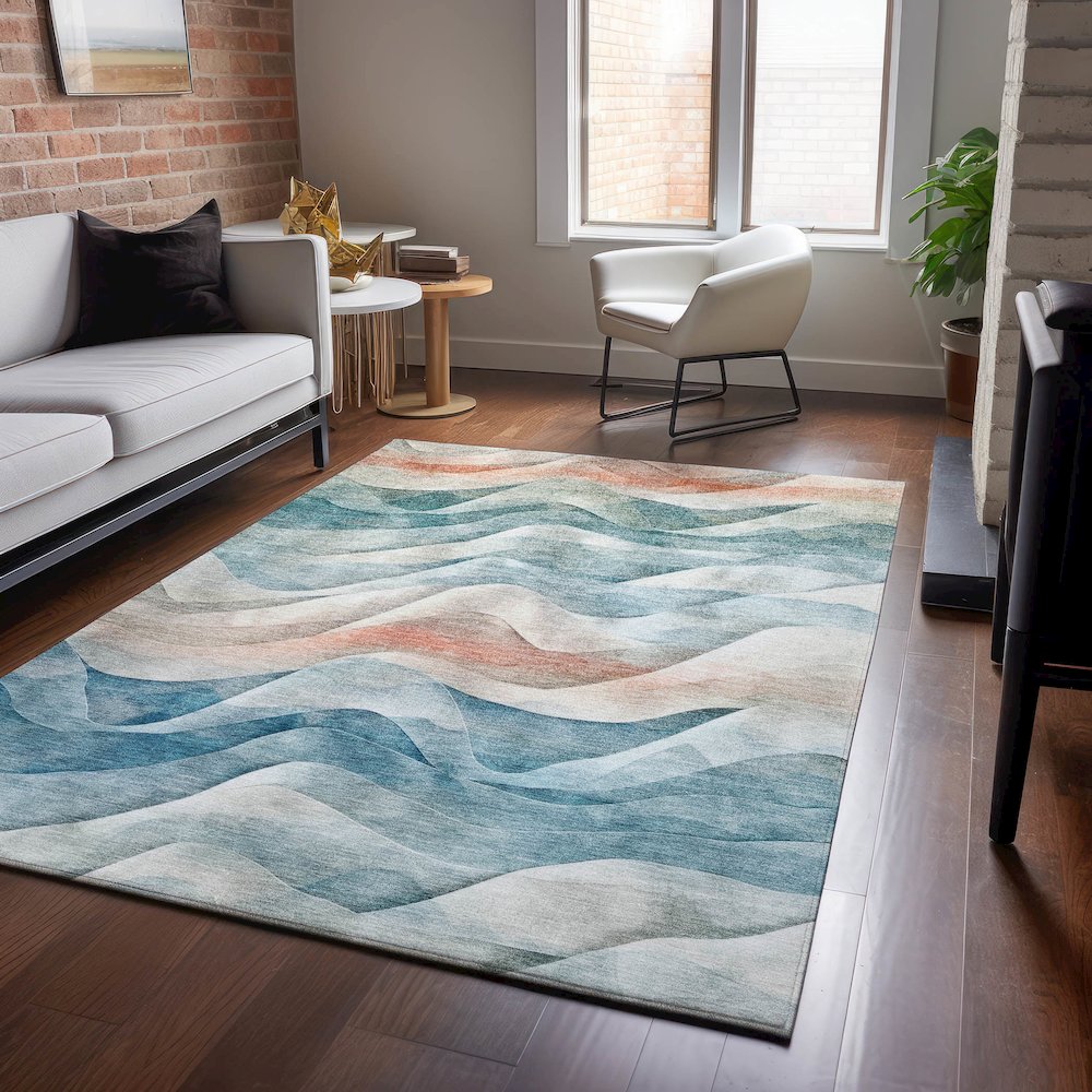 Machine Washable Indoor/Outdoor Pacifica Teal 5' x 7'6" Rug. Picture 5