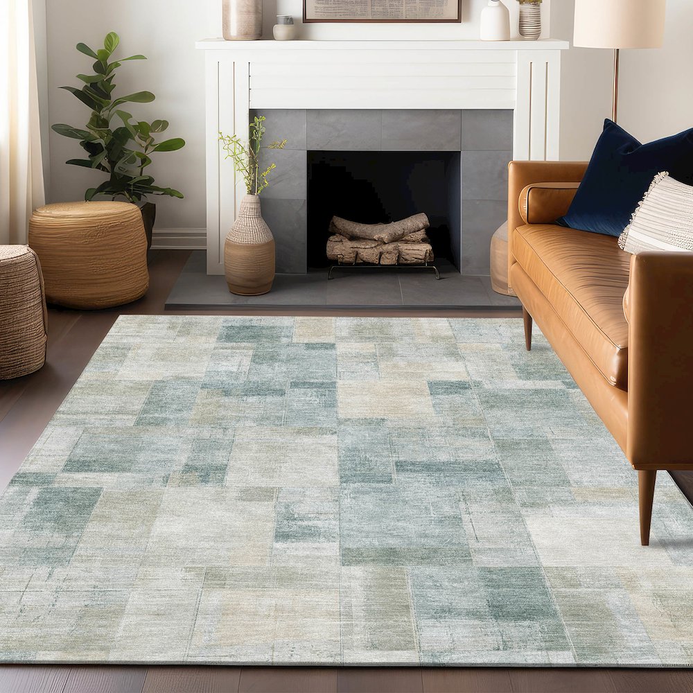 Luxury Washable Indoor/Outdoor Ravenna Seafoam 5' x 7'6" Rug. Picture 6