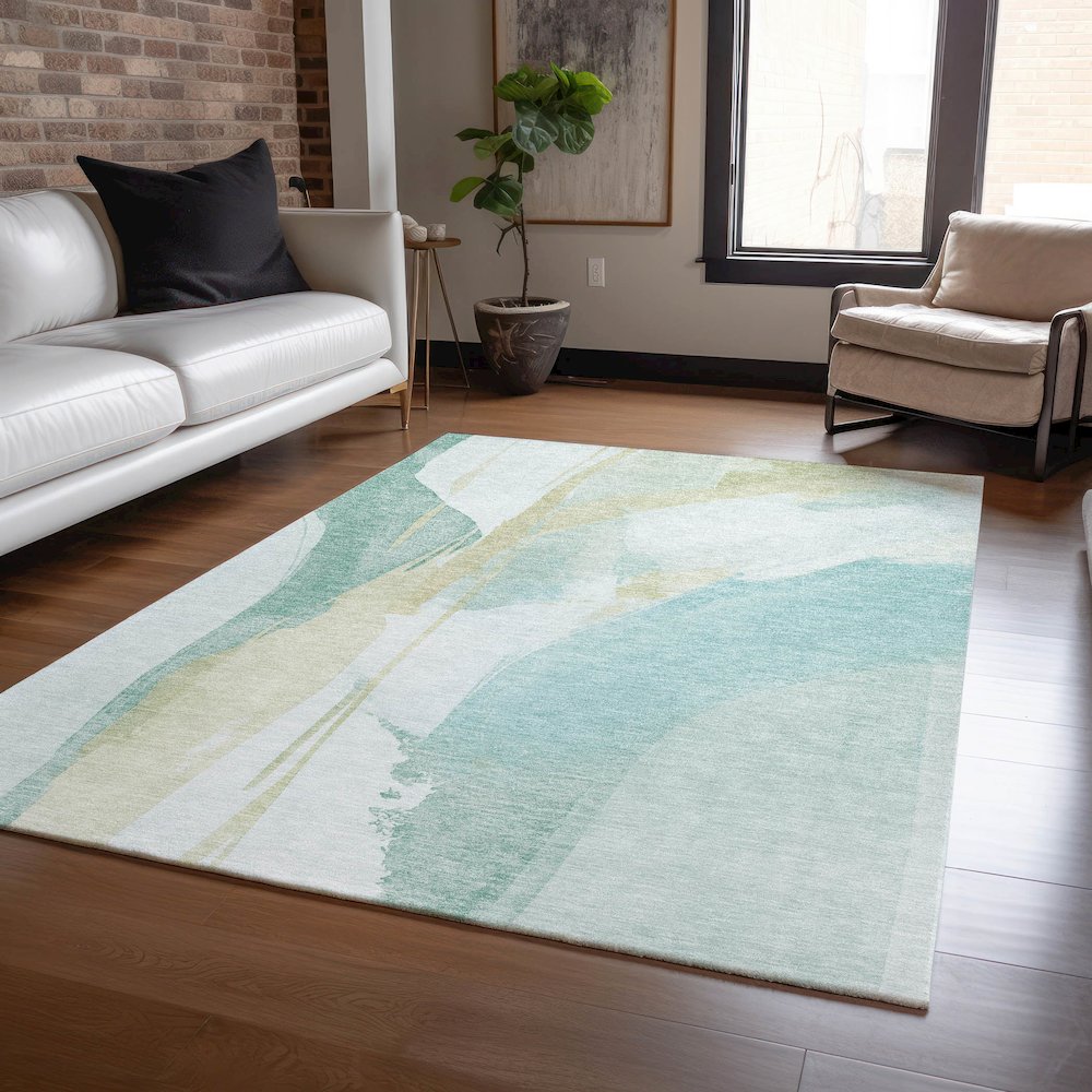 Luxury Washable Indoor/Outdoor Ravenna Teal 5' x 7'6" Rug. Picture 5