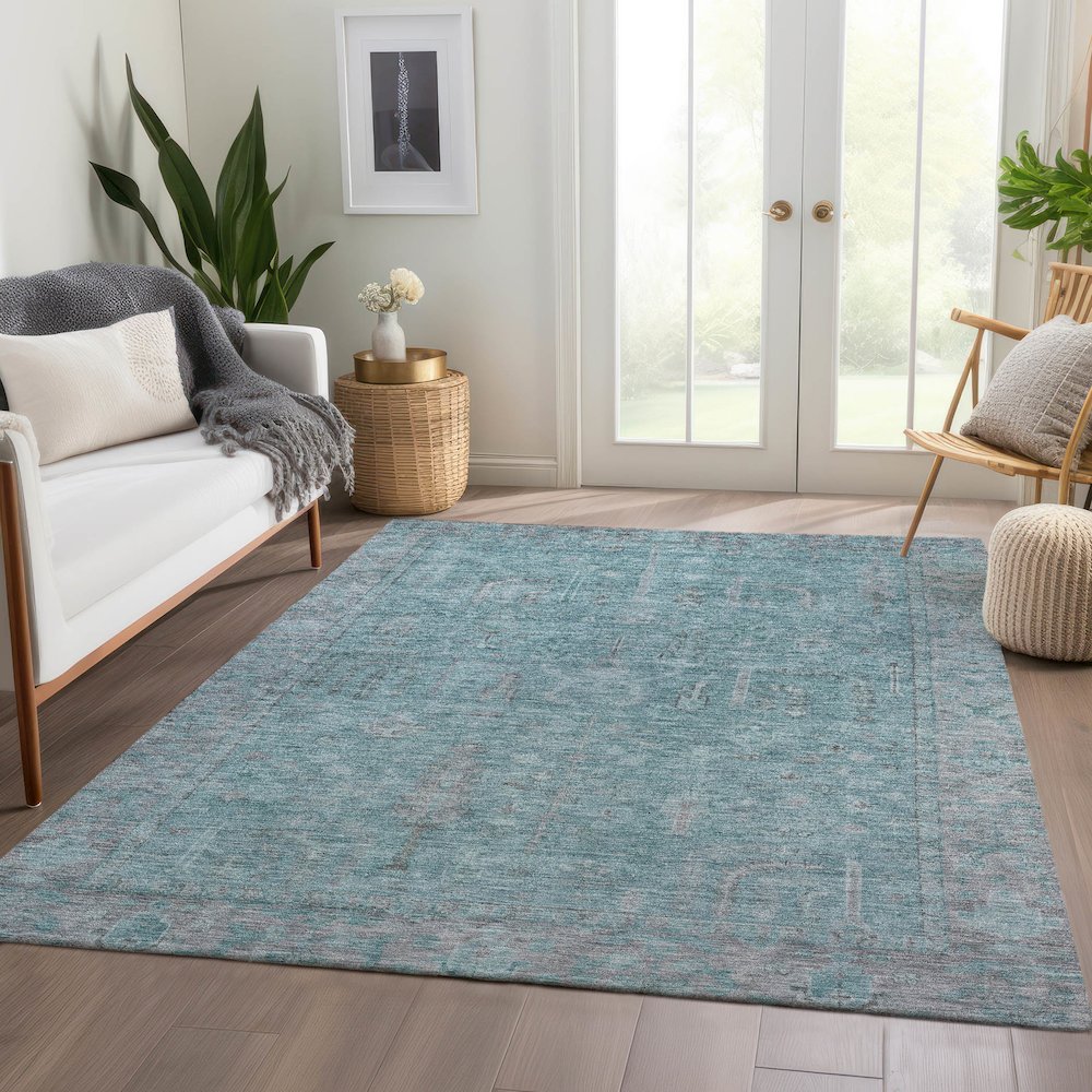Luxury Washable Indoor/Outdoor Solace Aqua 5' x 7'6" Rug. Picture 5