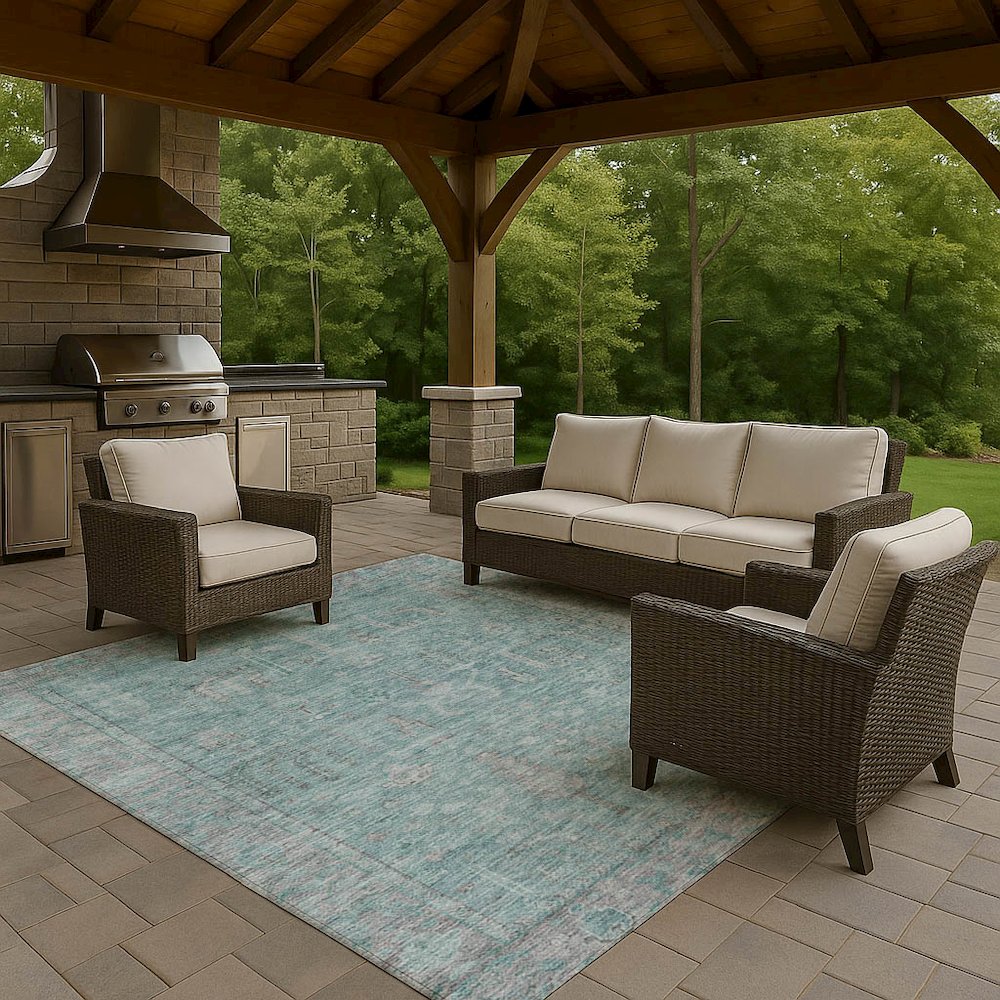 Luxury Washable Indoor/Outdoor Solace Aqua 5' x 7'6" Rug. Picture 7