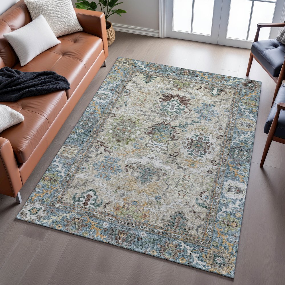 Indoor/Outdoor Silk Road Aqua 5' x 7'6" Rug. Picture 6