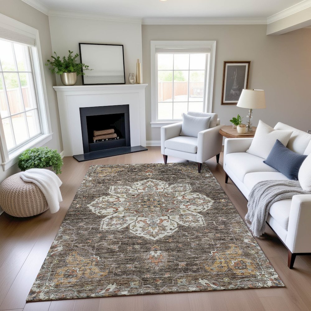 Indoor/Outdoor Silk Road Chocolate 5' x 7'6" Rug. Picture 5