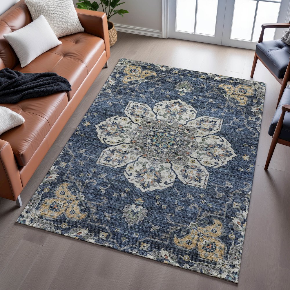 Indoor/Outdoor Silk Road Navy 5' x 7'6" Rug. Picture 6