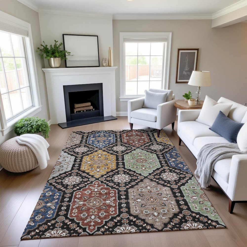 Indoor/Outdoor Silk Road Black 5' x 7'6" Rug. Picture 5