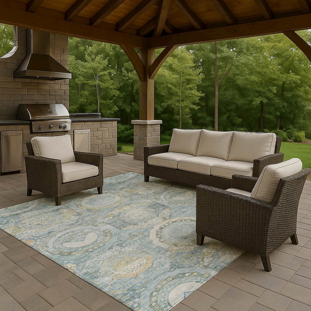 Luxury Washable Indoor/Outdoor Tabrook Blue 5' x 7'6" Rug. Picture 7