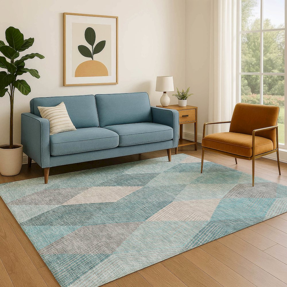 Luxury Washable Indoor/Outdoor The Reserve Turquoise 5' x 7'6" Rug. Picture 6