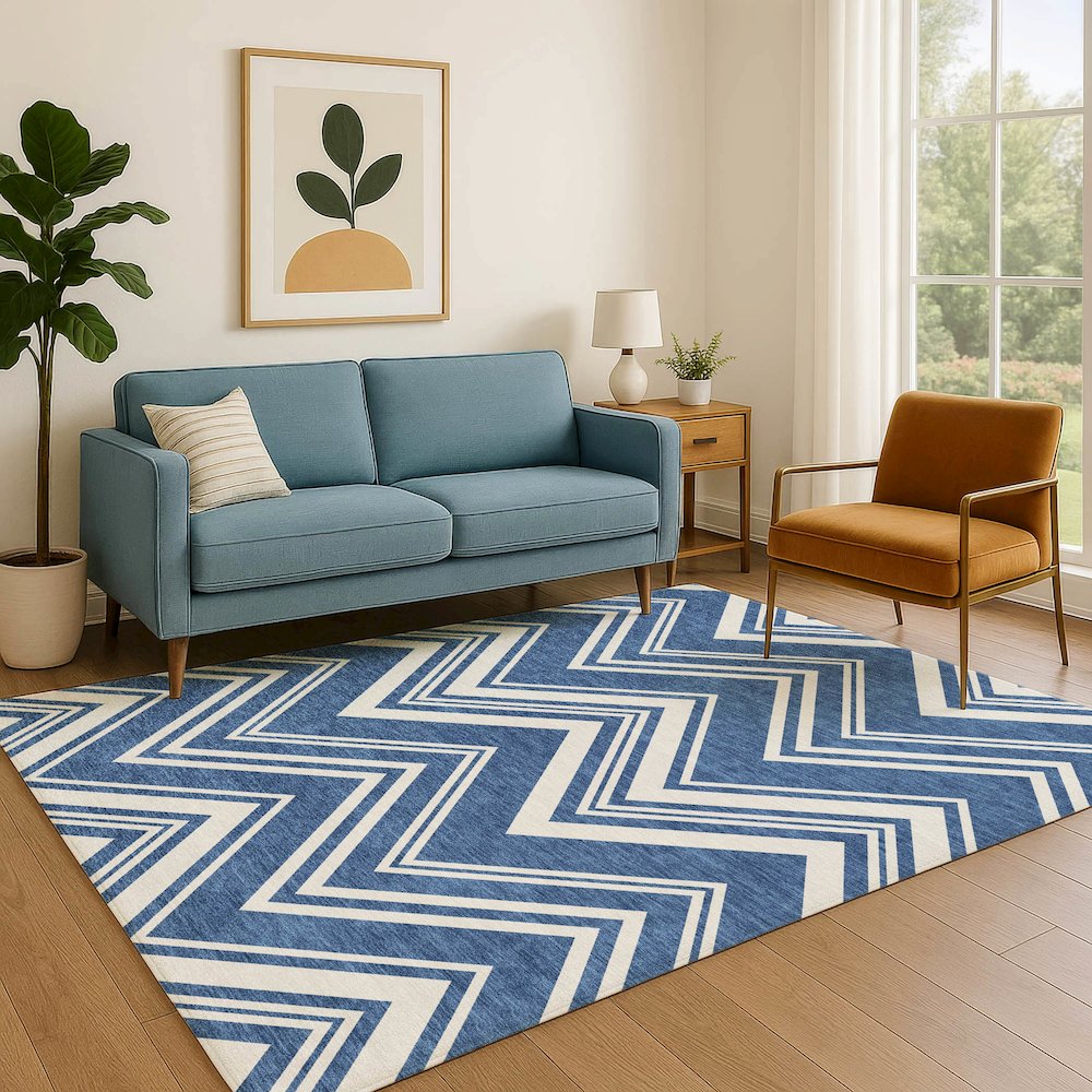 Luxury Washable Indoor/Outdoor The Reserve Blue 5' x 7'6" Rug. Picture 6
