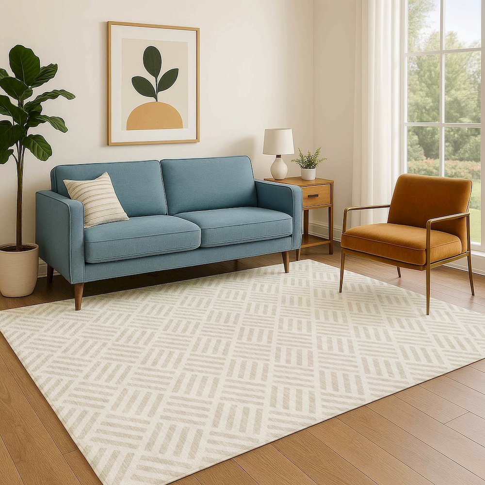 Luxury Washable Indoor/Outdoor The Reserve Ivory 5' x 7'6" Rug. Picture 6