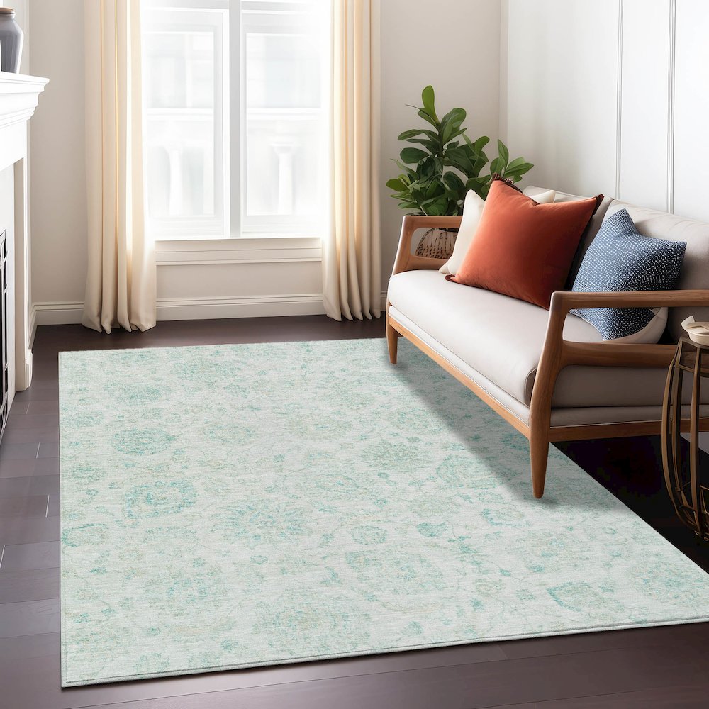 Machine Washable Indoor/Outdoor Chantille Turquoise 8' x 10' Rug. Picture 6