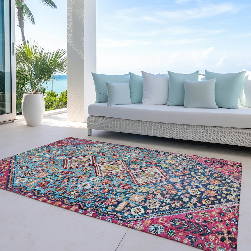 Machine Washable Indoor/Outdoor Chantille Teal 8' x 10' Rug. Picture 7