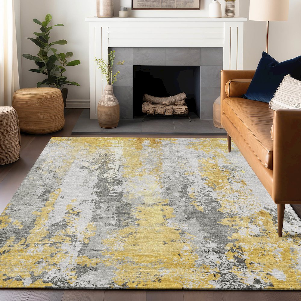 Machine Washable Indoor/Outdoor Chantille Yellow 8' x 10' Rug. Picture 5