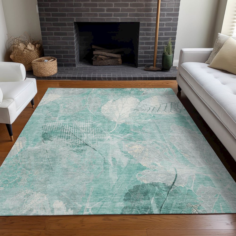 Machine Washable Indoor/Outdoor Chantille Teal 8' x 10' Rug. Picture 6