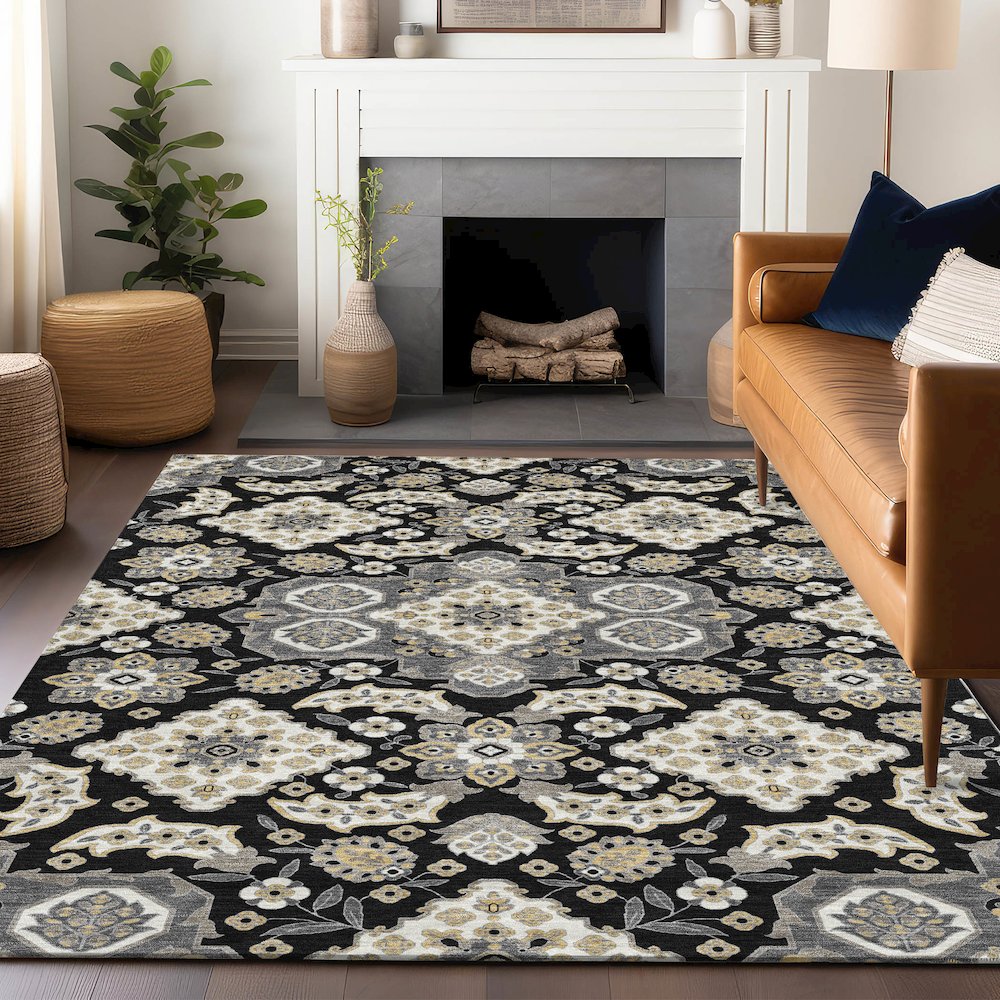 Machine Washable Indoor/Outdoor Chantille Black 8' x 10' Rug. Picture 5