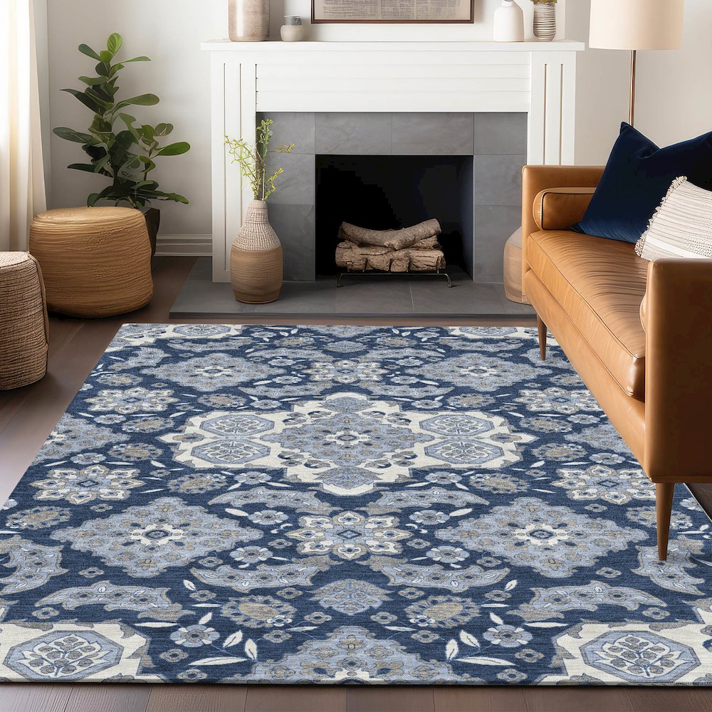 Machine Washable Indoor/Outdoor Chantille Blue 8' x 10' Rug. Picture 5