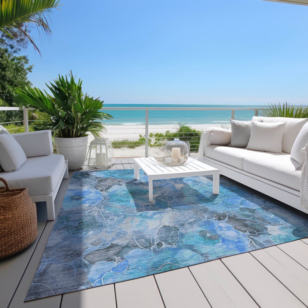 Machine Washable Indoor/Outdoor Chantille Blue 8' x 10' Rug. Picture 8