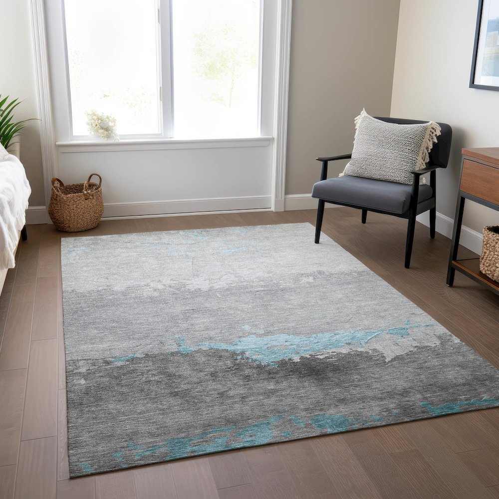 Machine Washable Indoor/Outdoor Chantille Teal 8' x 10' Rug. Picture 6