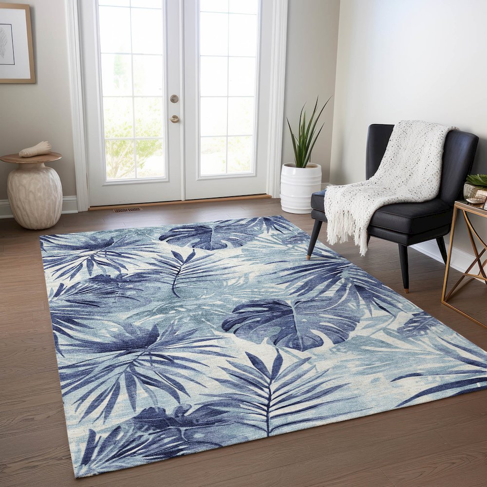 Machine Washable Indoor/Outdoor Chantille Blue 8' x 10' Rug. Picture 5