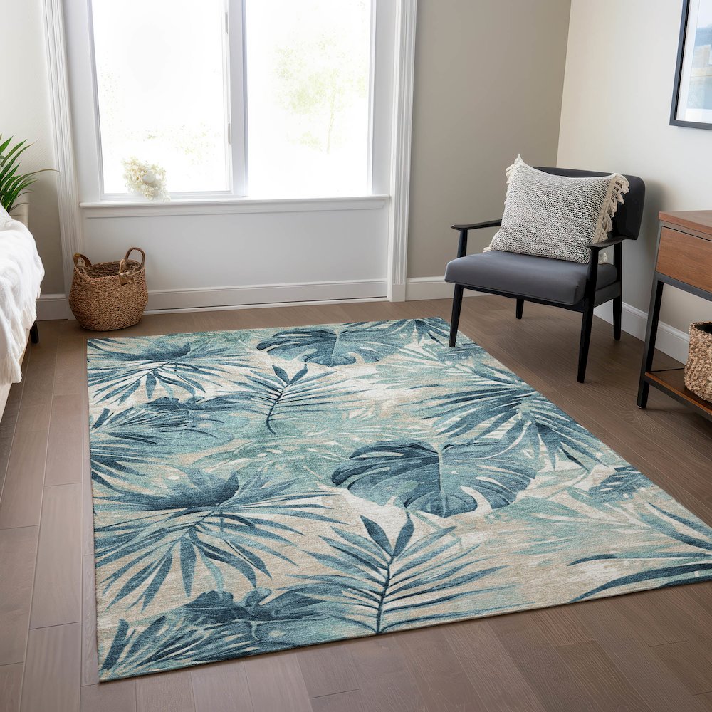 Machine Washable Indoor/Outdoor Chantille Teal 8' x 10' Rug. Picture 6