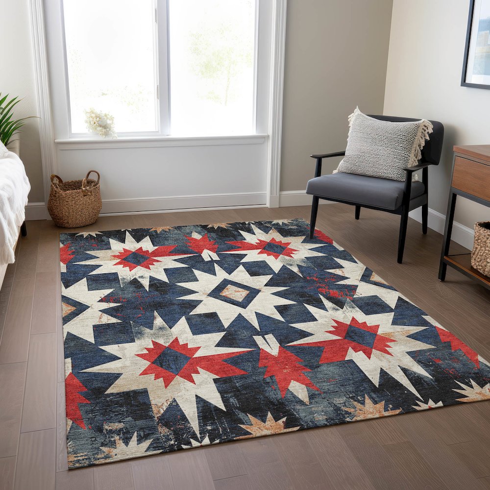 Machine Washable Indoor/Outdoor Chantille Navy 8' x 10' Rug. Picture 6
