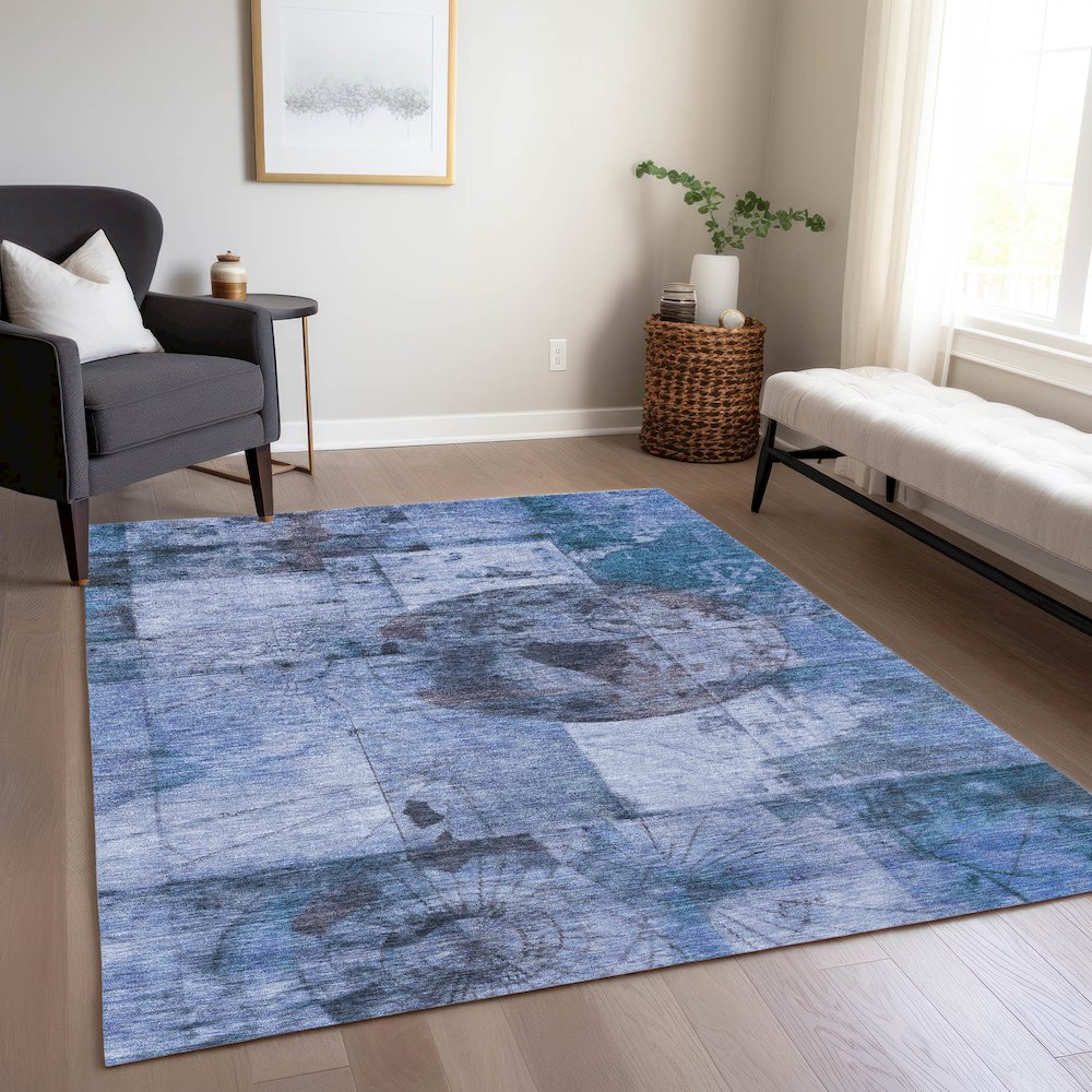 Machine Washable Indoor/Outdoor Chantille Blue 8' x 10' Rug. Picture 6