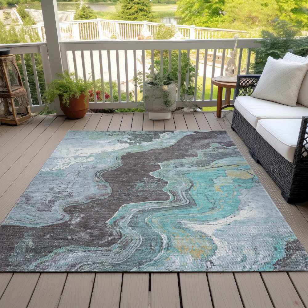Machine Washable Indoor/Outdoor Chantille Teal 8' x 10' Rug. Picture 8