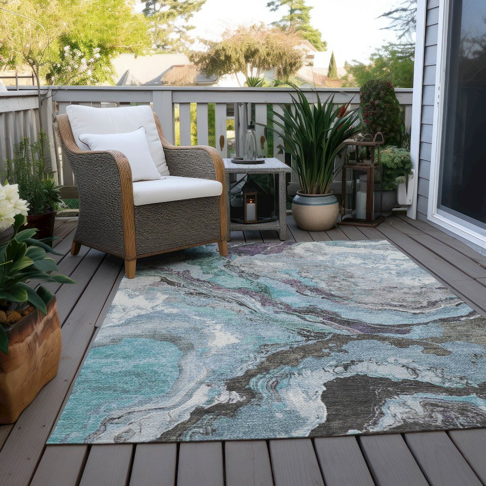 Machine Washable Indoor/Outdoor Chantille Teal 8' x 10' Rug. Picture 7