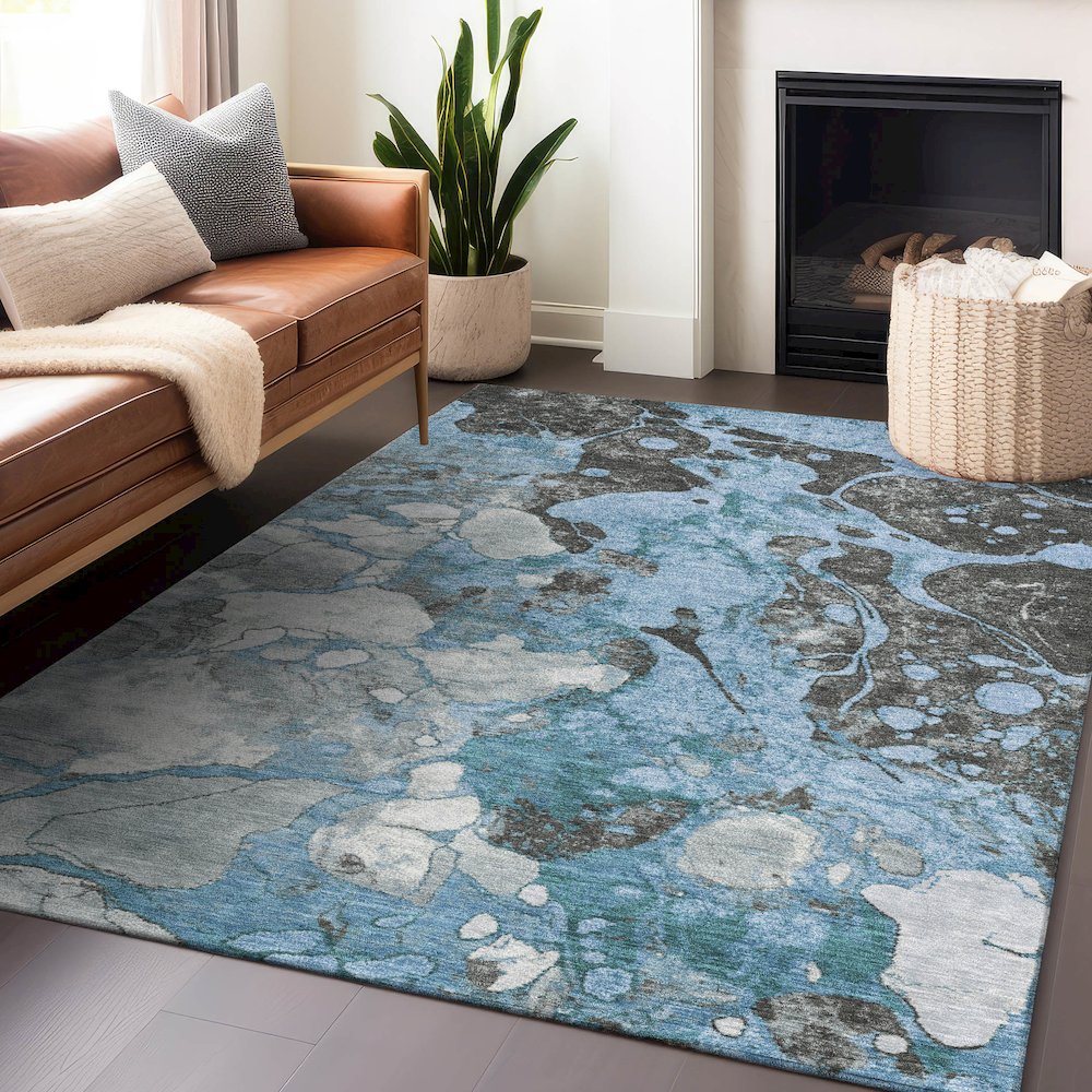 Machine Washable Indoor/Outdoor Chantille Blue 8' x 10' Rug. Picture 5