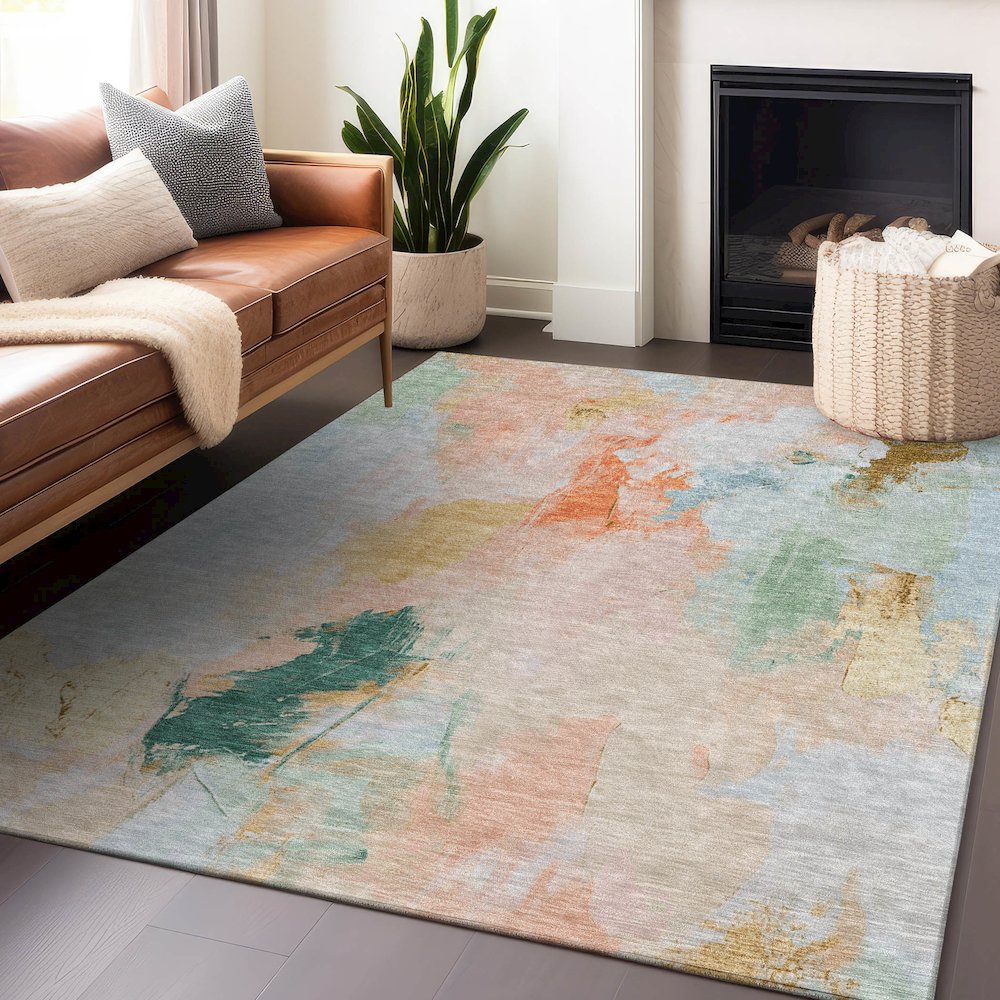 Machine Washable Indoor/Outdoor Chantille Peach 8' x 10' Rug. Picture 5