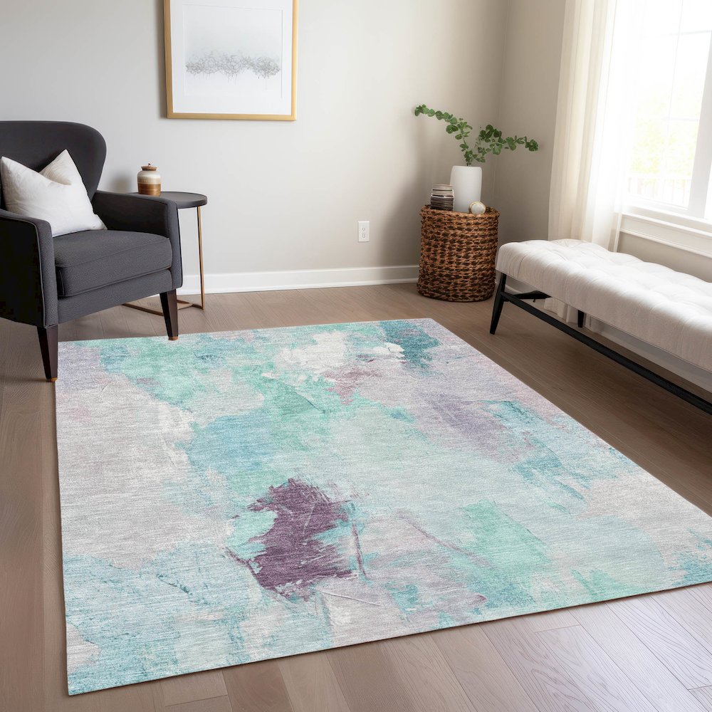 Machine Washable Indoor/Outdoor Chantille Teal 8' x 10' Rug. Picture 6