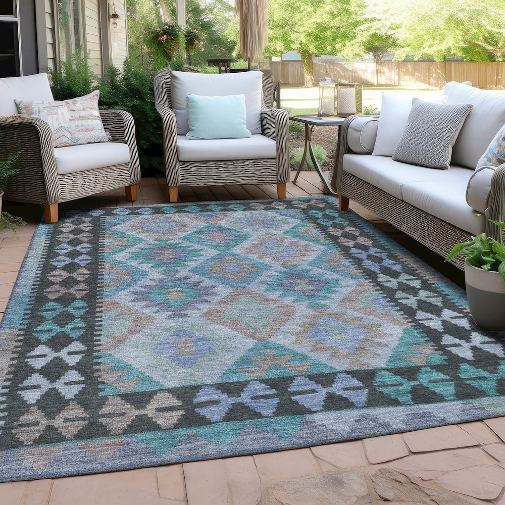 Machine Washable Indoor/Outdoor Chantille Teal 8' x 10' Rug. Picture 7