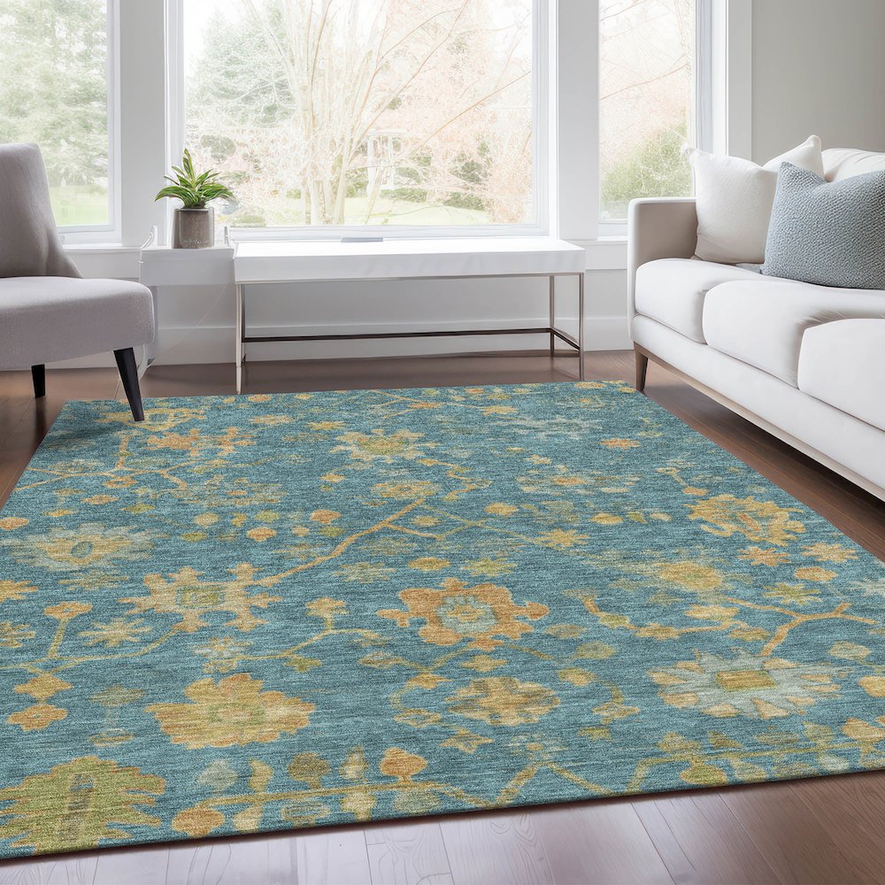 Machine Washable Indoor/Outdoor Chantille Teal 8' x 10' Rug. Picture 6