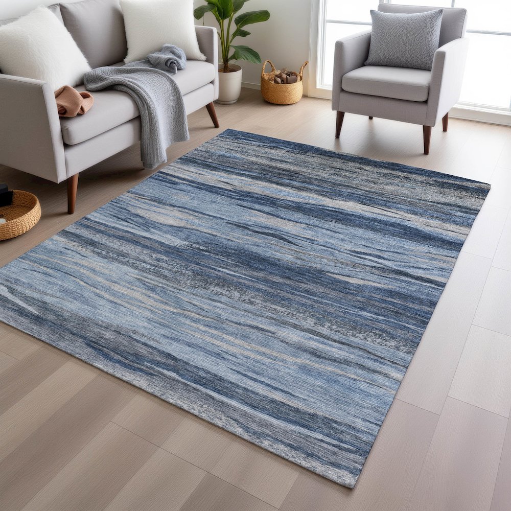 Machine Washable Indoor/Outdoor Chantille Blue 8' x 10' Rug. Picture 5