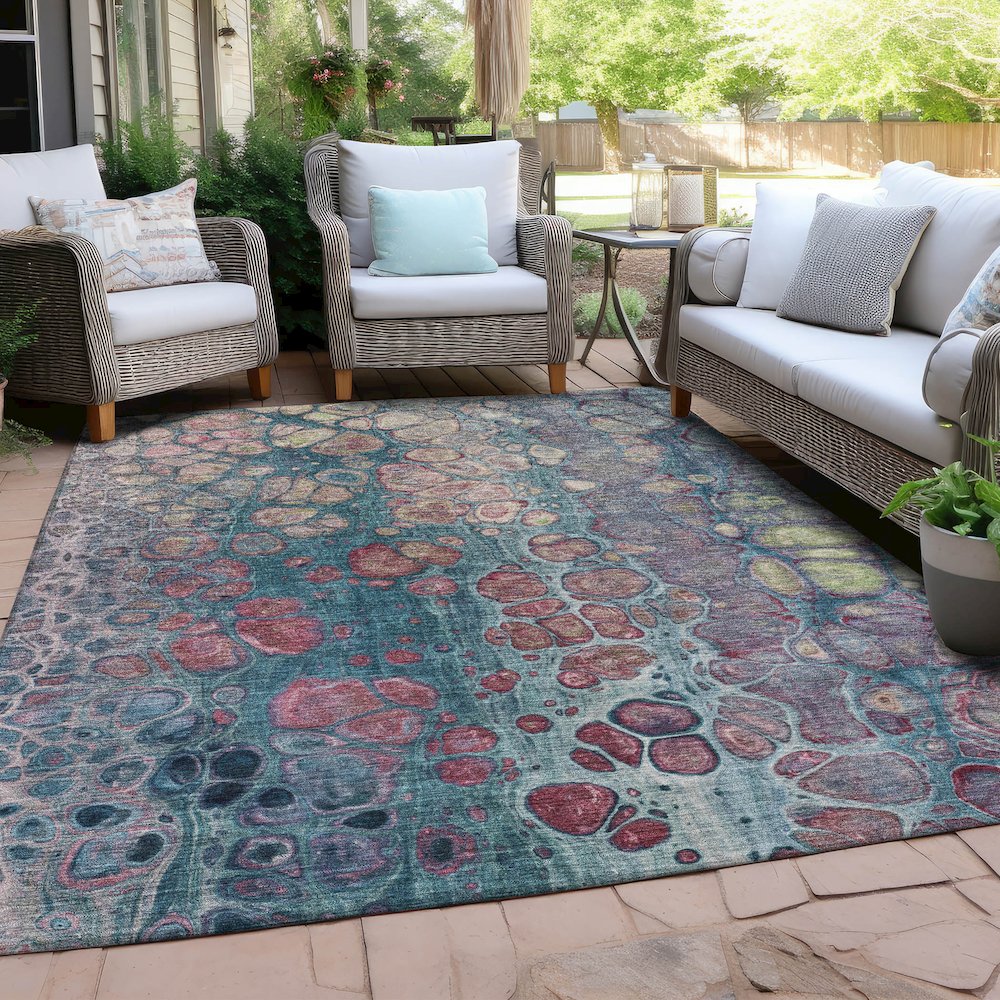 Machine Washable Indoor/Outdoor Chantille Teal 8' x 10' Rug. Picture 7