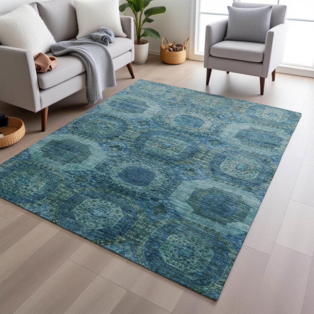 Machine Washable Indoor/Outdoor Chantille Blue 8' x 10' Rug. Picture 5