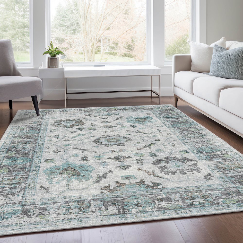 Machine Washable Indoor/Outdoor Chantille Teal 8' x 10' Rug. Picture 6