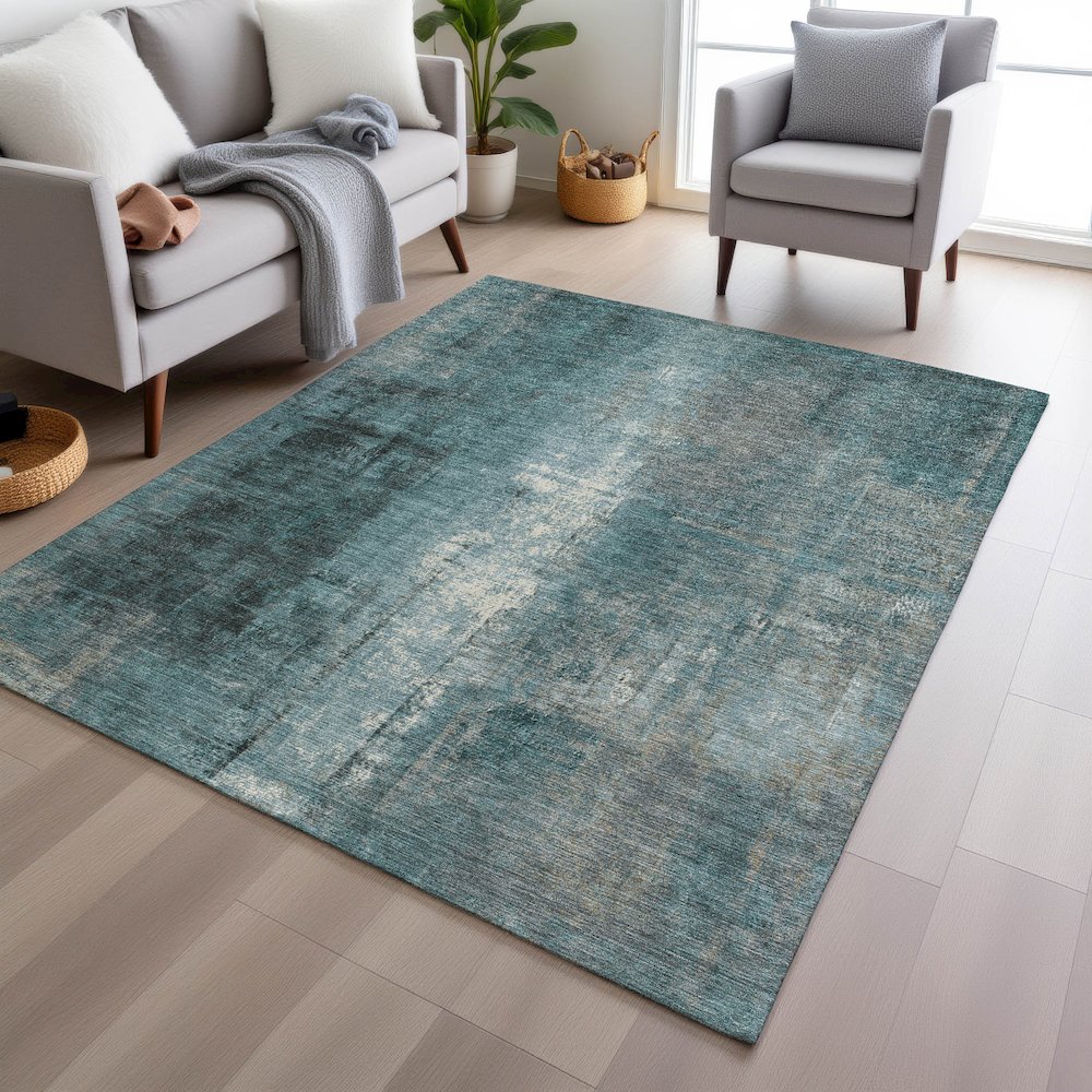 Machine Washable Indoor/Outdoor Chantille Teal 8' x 10' Rug. Picture 5