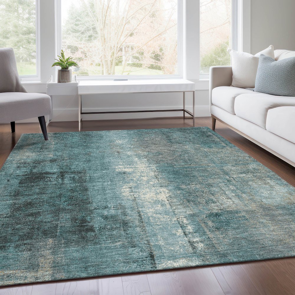 Machine Washable Indoor/Outdoor Chantille Teal 8' x 10' Rug. Picture 6
