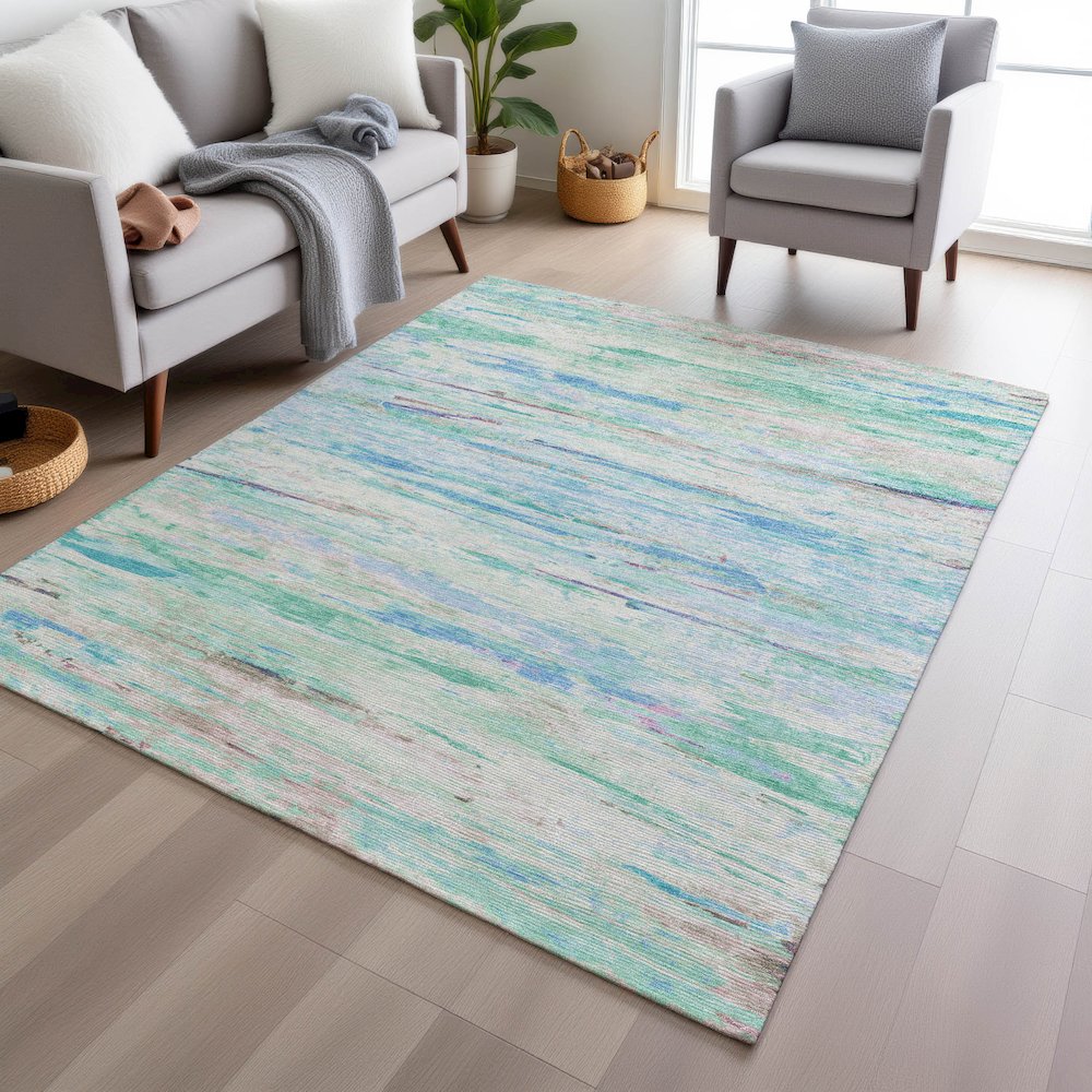 Machine Washable Indoor/Outdoor Chantille Teal 8' x 10' Rug. Picture 5