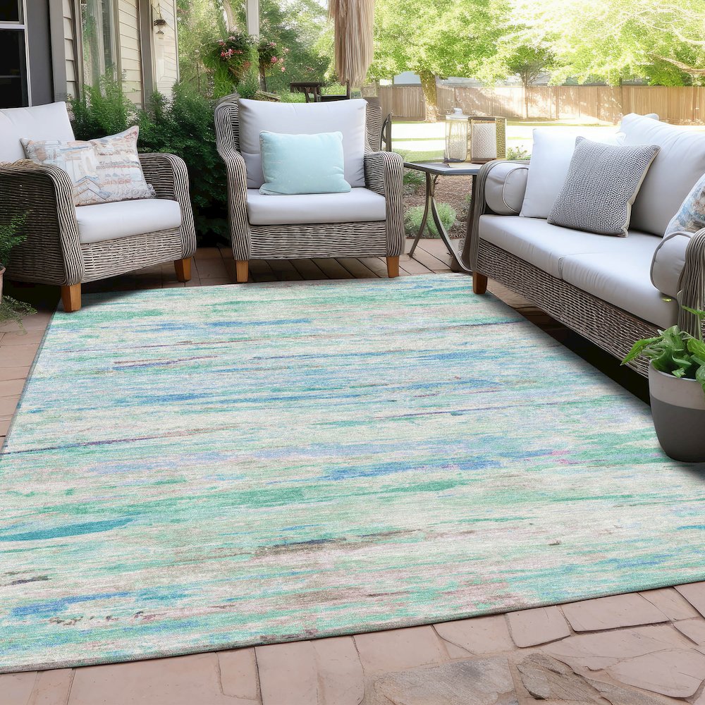 Machine Washable Indoor/Outdoor Chantille Teal 8' x 10' Rug. Picture 7