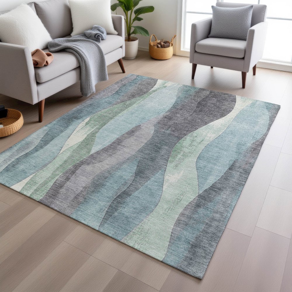Machine Washable Indoor/Outdoor Chantille Teal 8' x 10' Rug. Picture 5