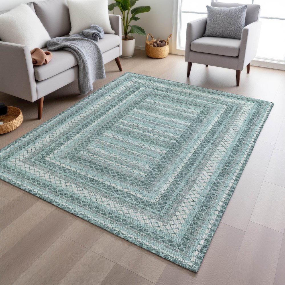 Machine Washable Indoor/Outdoor Chantille Teal 8' x 10' Rug. Picture 5